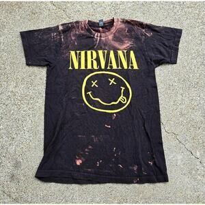 Y2k Nirvana Smiley Face Bleach Dyed Black Tee T Shirt Adult Size Medium Kurt
